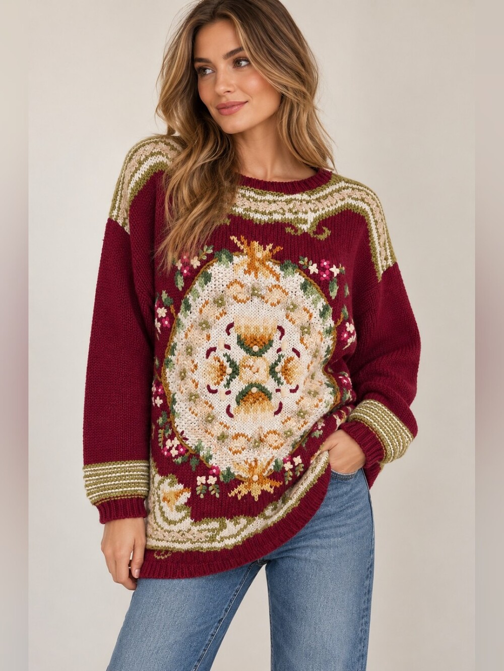 Vintage Carolina Colours Ramie Cotton Embroidered Floral Sweater M